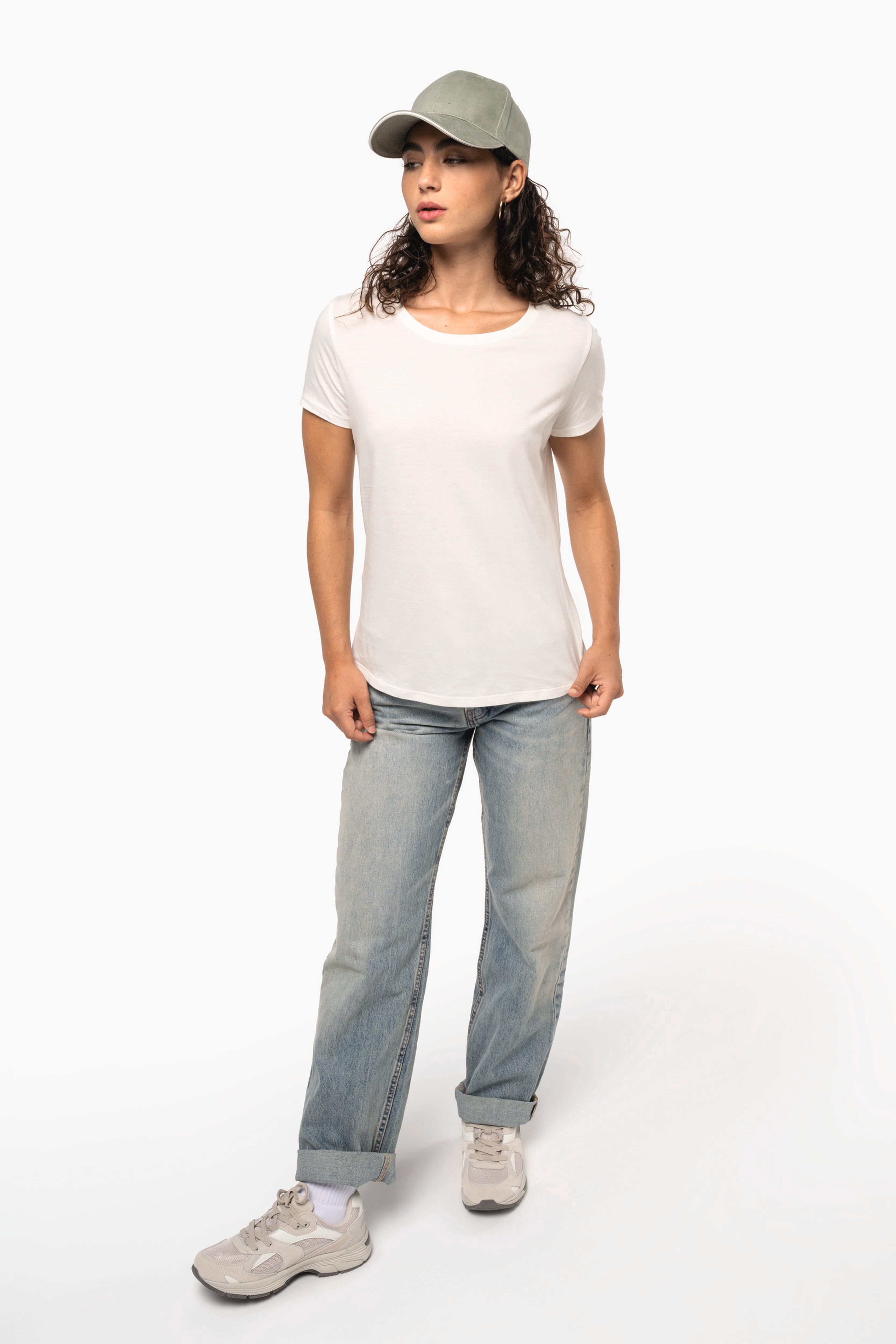 T-shirt bio 190 femme personnalisable porté, vue de profil