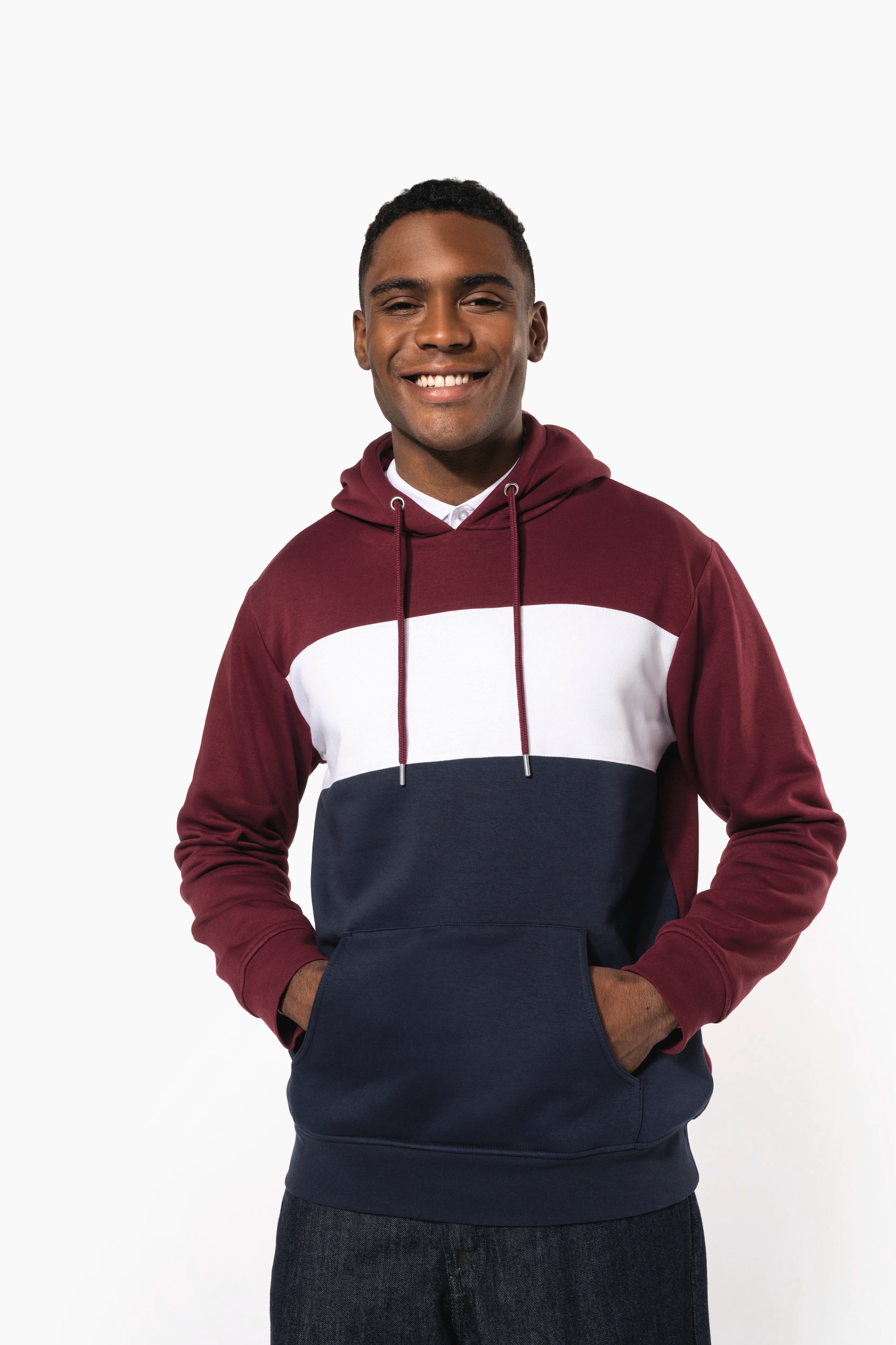 Hoodie tricolore unisexe porte - visuel 3
