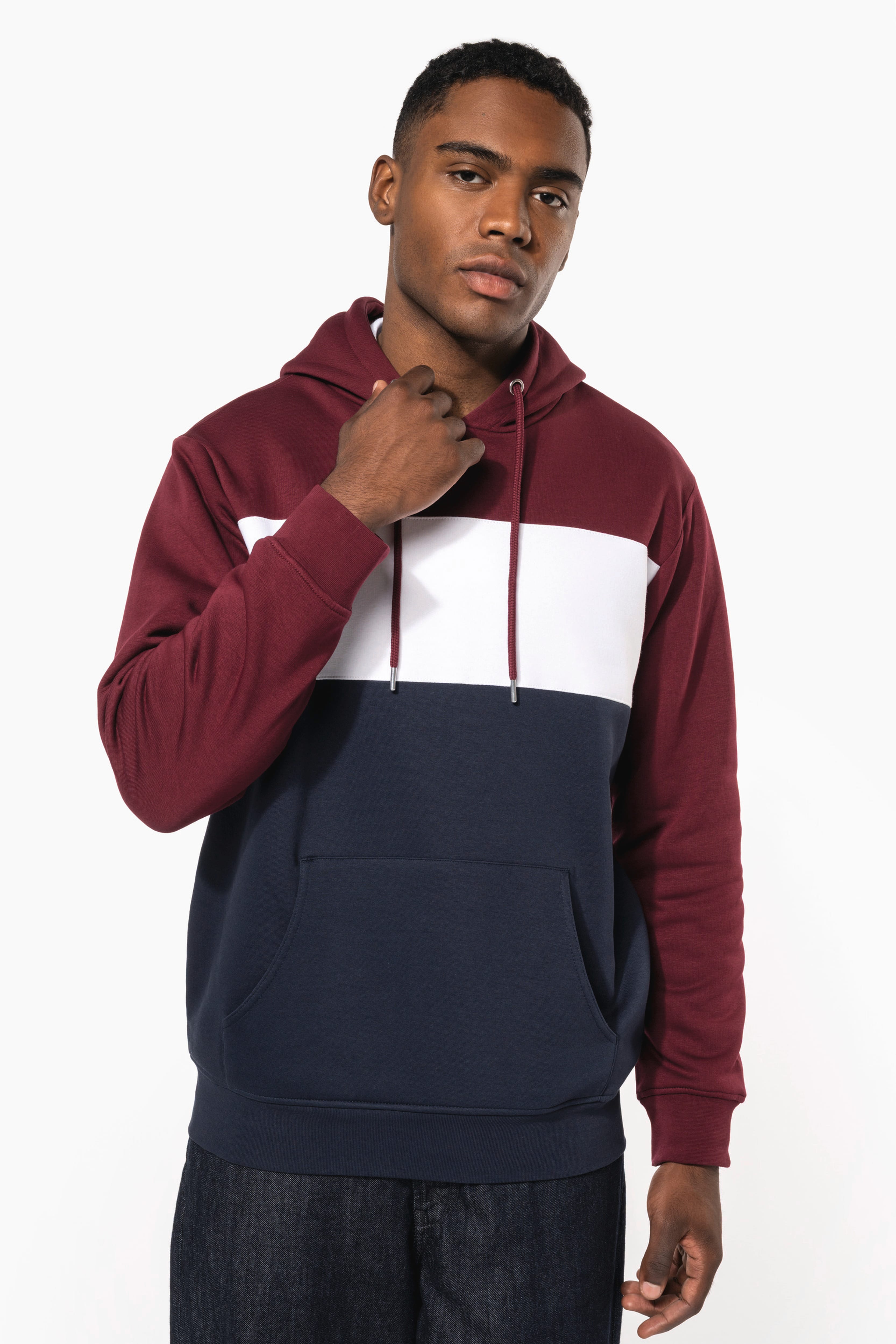 Hoodie tricolore unisexe porte - visuel 4