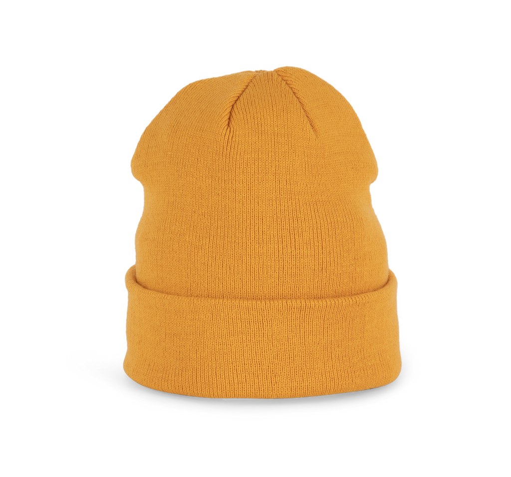 Bonnet tricoté jaune cumin, vue de face