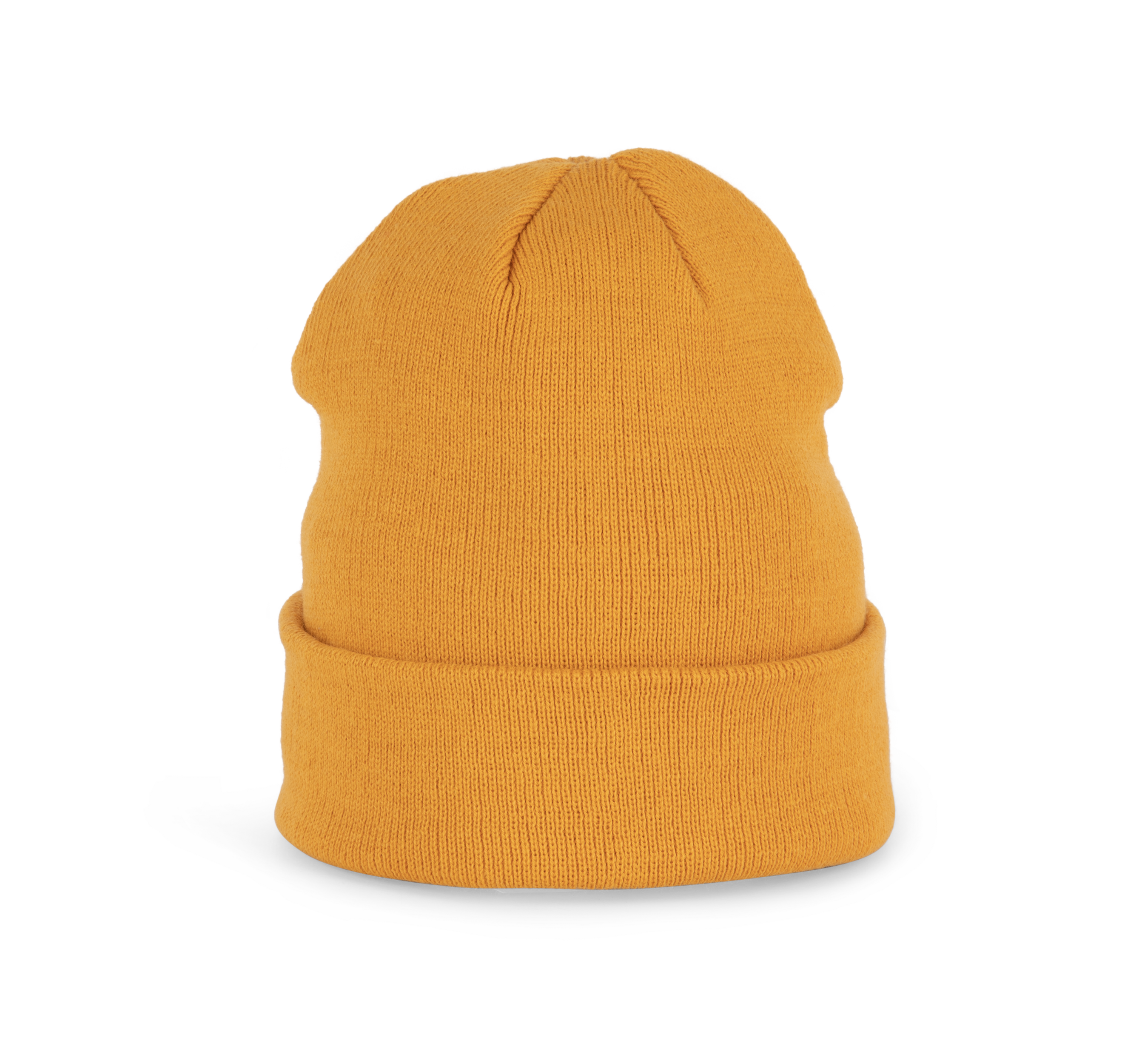 Bonnet tricoté jaune cumin, vue de face