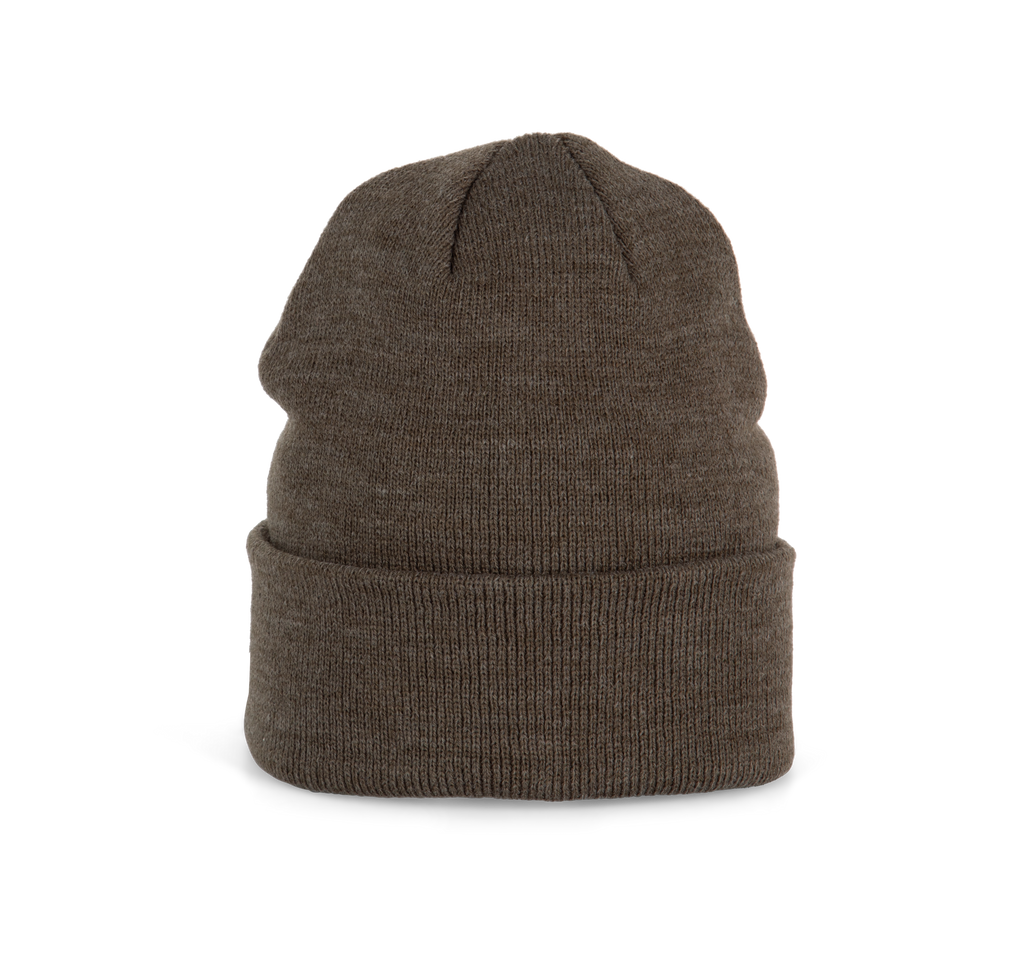 Bonnet tricoté kaki foncé chiné, vue de face