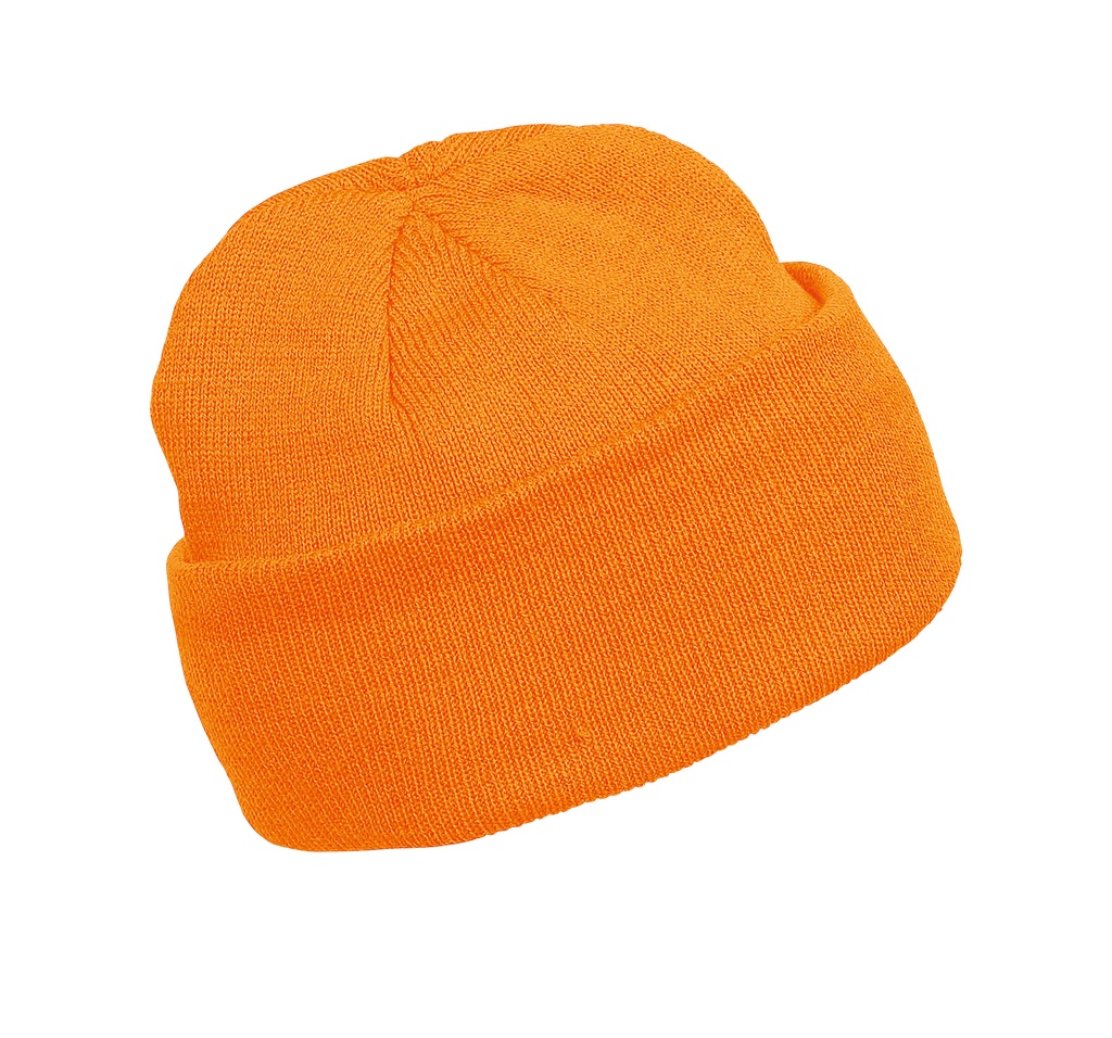 Bonnet tricoté orange fluo, vue de face