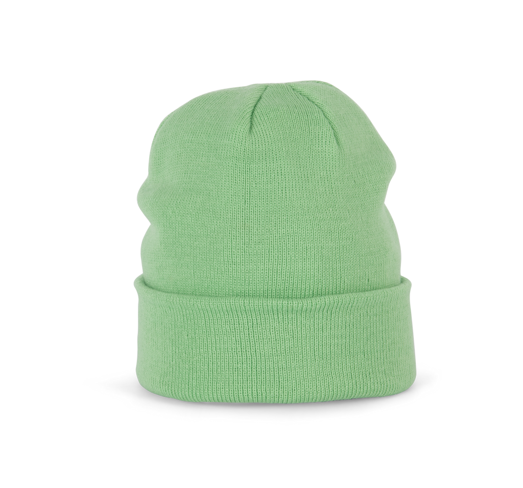 Bonnet tricoté vert pistache, vue de face
