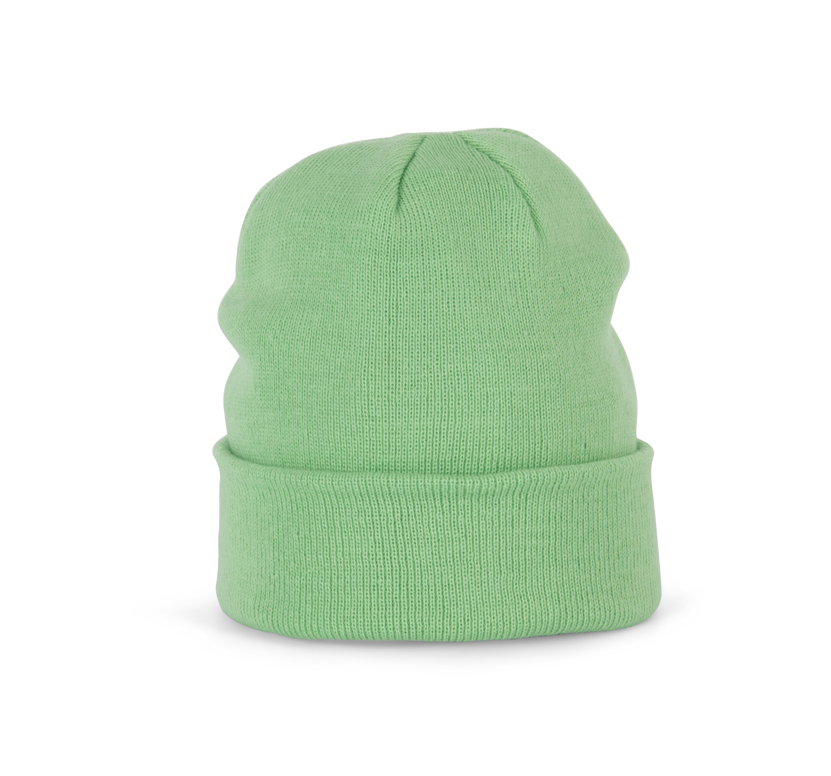 Bonnet tricoté vert pistache, vue de face
