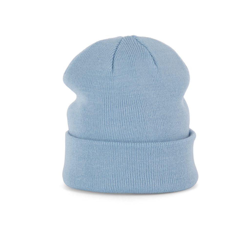 Bonnet tricoté bleu ciel, vue de face